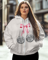 Women's Plus Fashion Shiny Mosaic Cherry Print Long Sleeve Zipper Hoodie